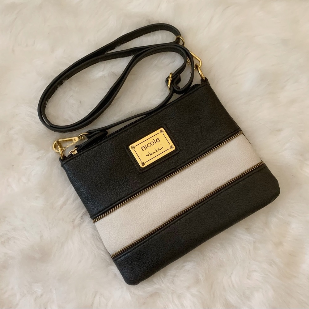 NICOLE MILLER Black Gold Monochrome Colorblock Crossbody Clutch Date Night EUC